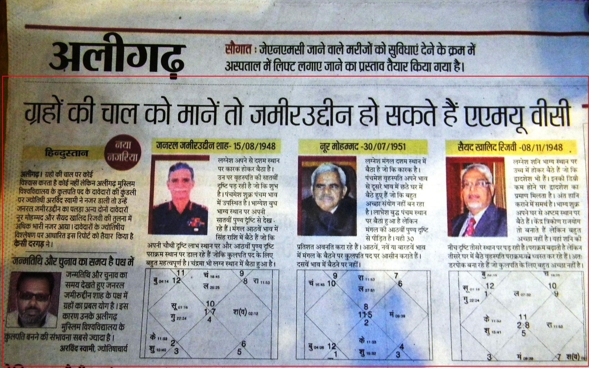 Arvind Swami featured in Hindustan newspaper for Vedic astrology kundli analysis of AMU Vice Chancellor candidates